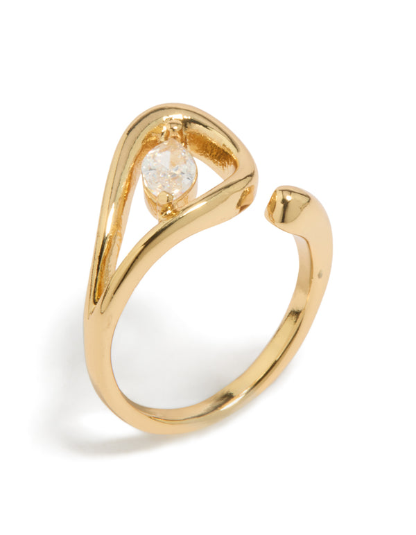 Featuring a gold plated cubic zirconia abstract wrap ring with dainty statement styling front view