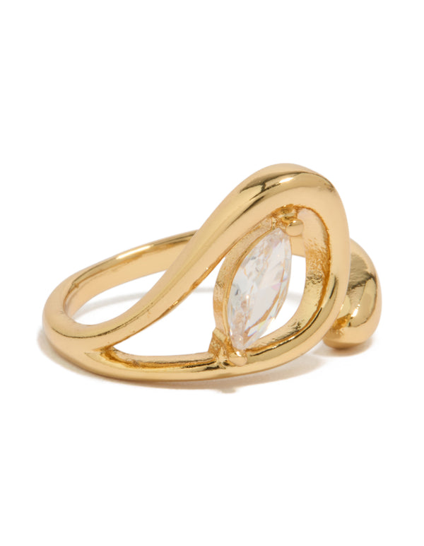 Showcasing a gold plated cubic zirconia abstract wrap ring with dainty statement design side detail view