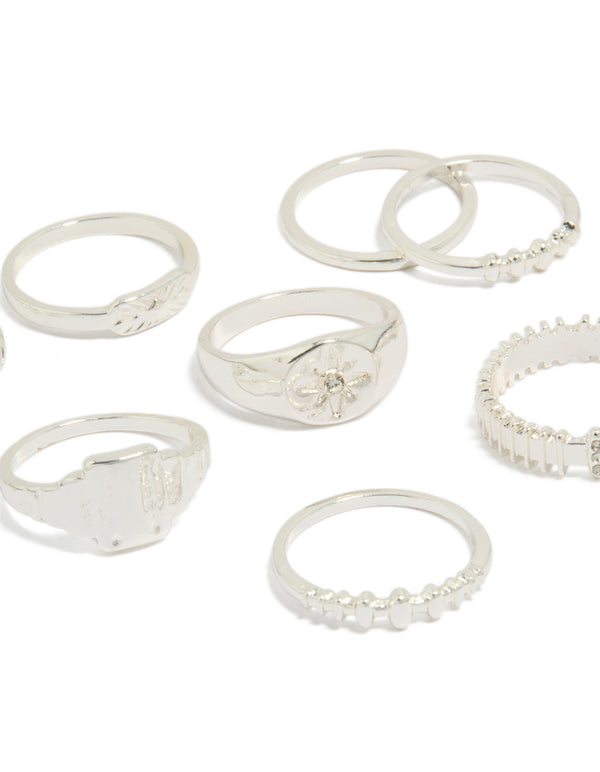 Crafted from silver, this diamante and signet rings 10-pack featuring celestial star features close up view