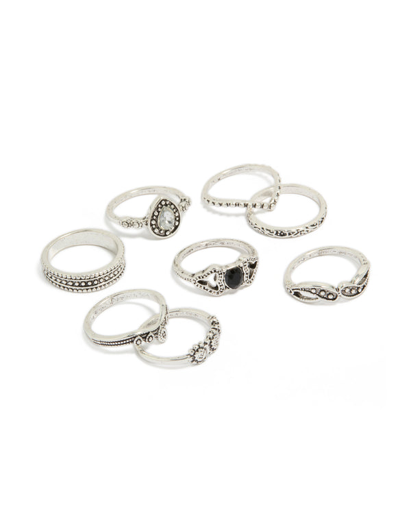 Beautifully crafted antique silver diamante signet rings in an 8-pack front view