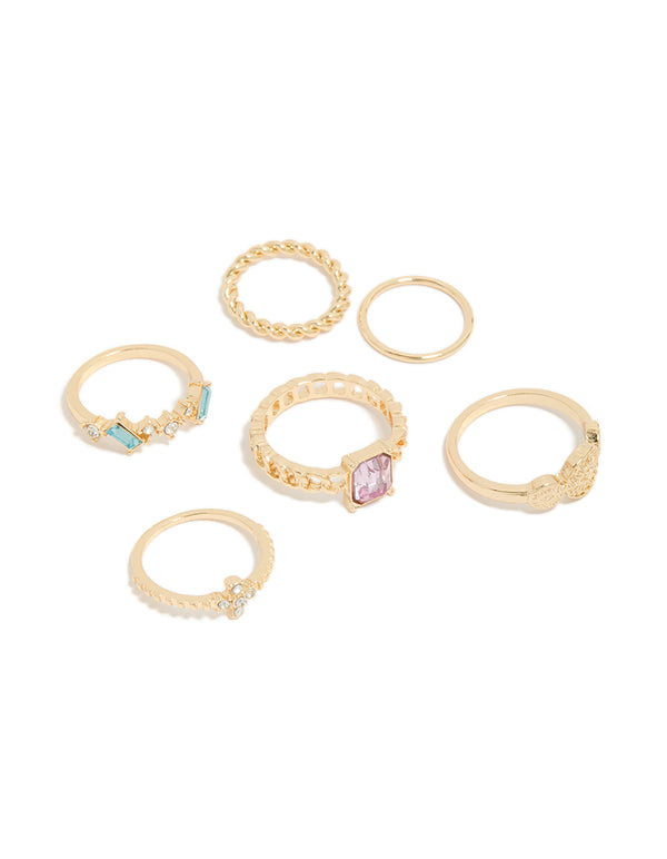 Featuring gold mixed diamante and twisted rings in a stackable statement 6-pack front view