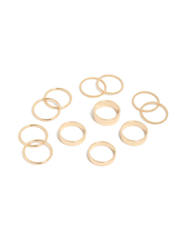 Gold beaded thick and simple rings 8-pack front view