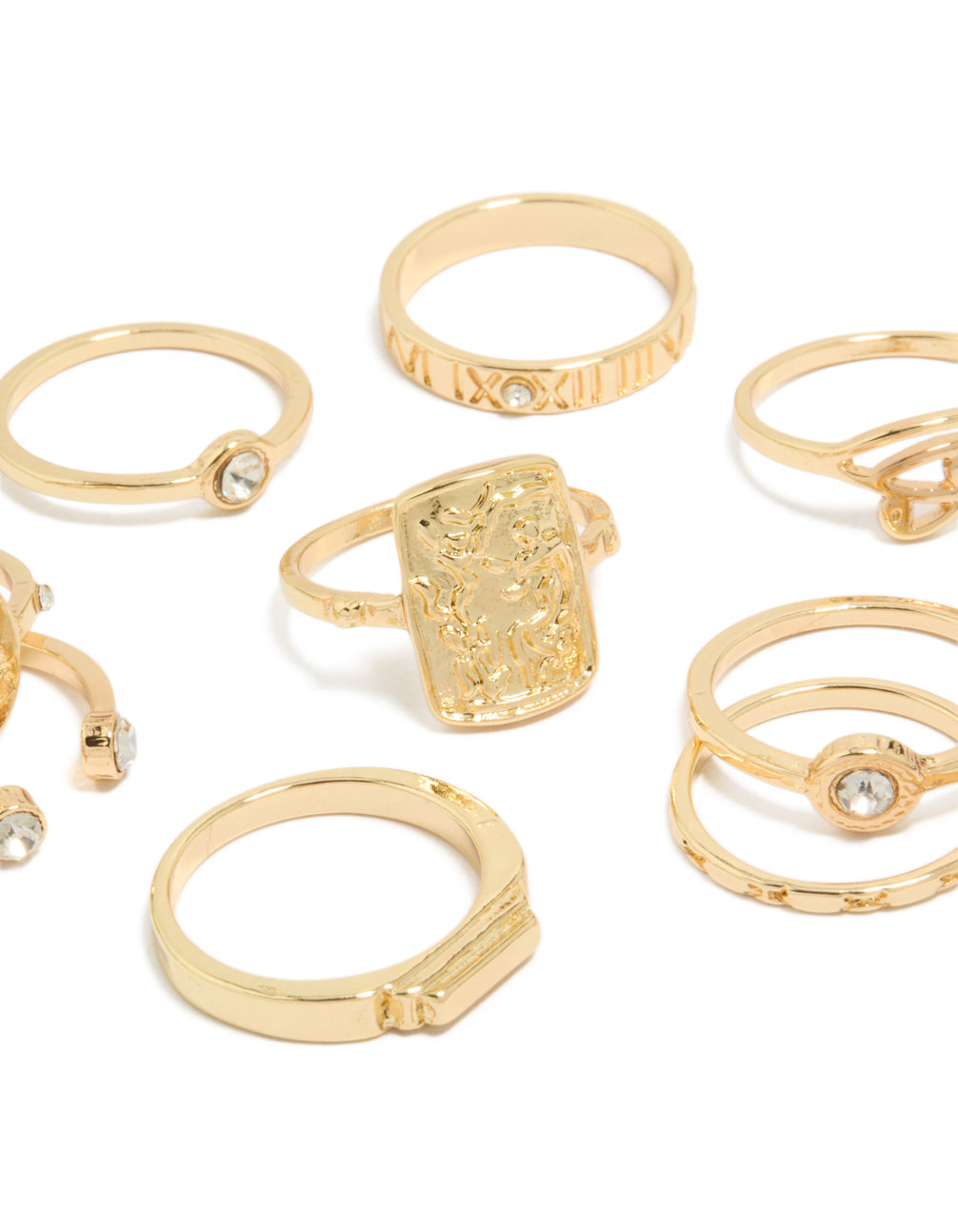 Featuring gold Roman numeral and diamante rings in a dainty 9-pack disc details close up view