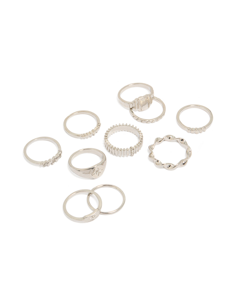 Discover a silver signet and ribbed ring 10-pack featuring celestial star in a dainty elements front view