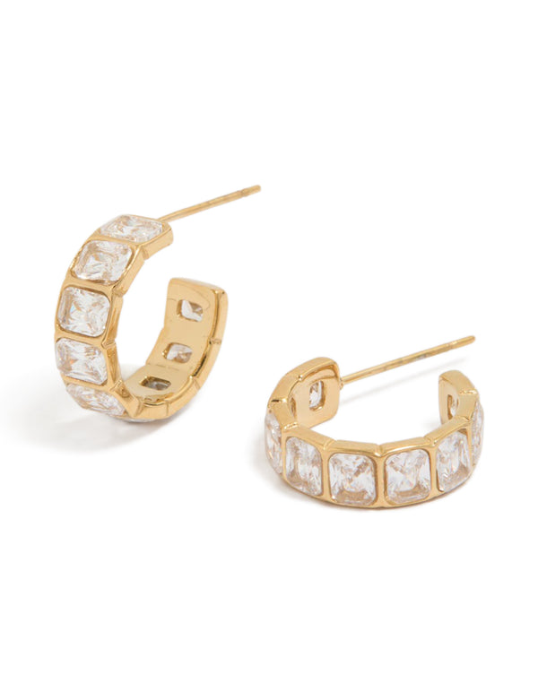 Showcasing waterproof gold plated stainless steel cubic zirconia rectangle bezel hoop earrings front view