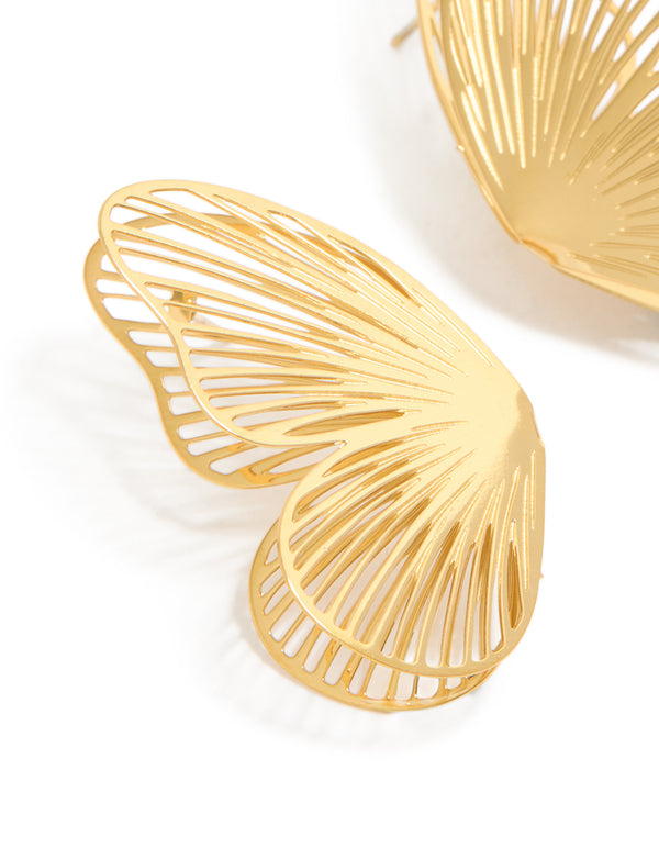 Crafted from waterproof laser cut butterfly stud earrings in gold plated stainless steel close up view