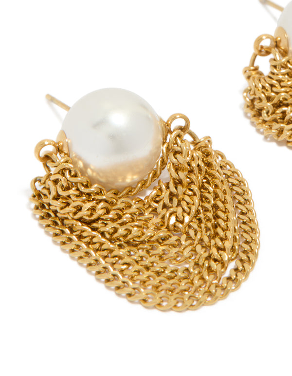 Featuring pearl waterproof gold plated stainless steel chain stud earrings close up view