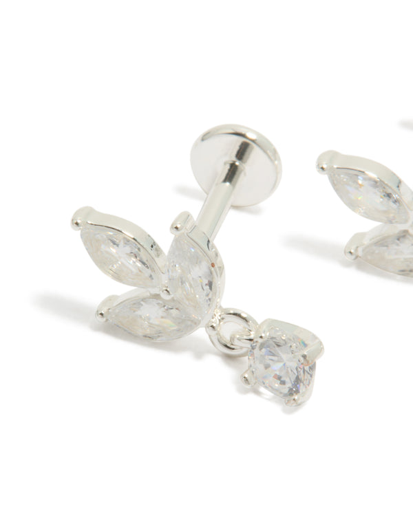 Designed with waterproof stainless steel flower cubic zirconia flat back studs in dainty silver and clear stone post detail view