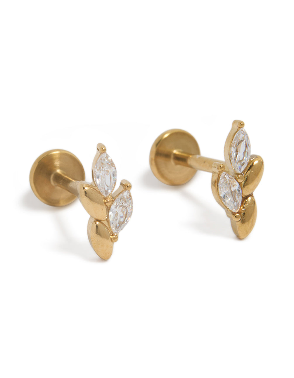 Showcasing waterproof vine earrings with leaf motif, cubic zirconia stones, gold plated stainless steel construction, and flat back closure front view