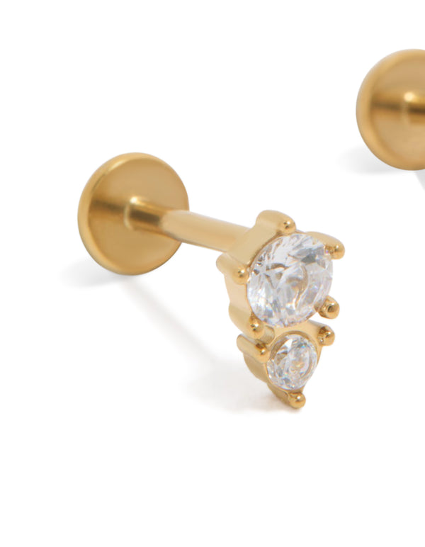Featuring waterproof gold plated stainless steel double cubic zirconia pointed flat back stud earrings close up view