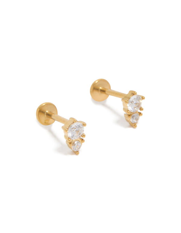 Discover waterproof gold plated stainless steel double cubic zirconia pointed flat back stud earrings front view