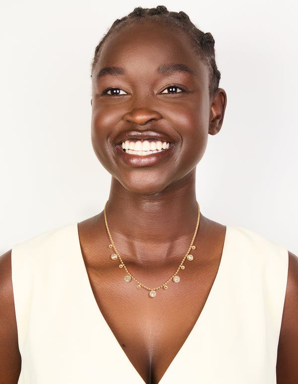 Waterproof Gold Plated Stainless Steel Bezel Set Cubic Zirconia & Balls Chain Necklace