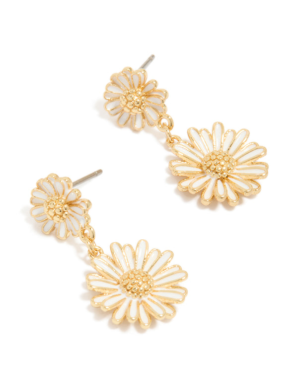 Presenting gold plated white enamel double daisy drop earrings featuring floral front view