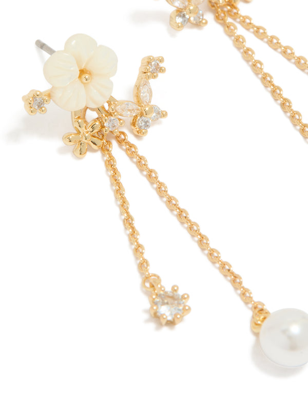 Gold Plated Cubic Zirconia Flower Pearl Drop Earrings