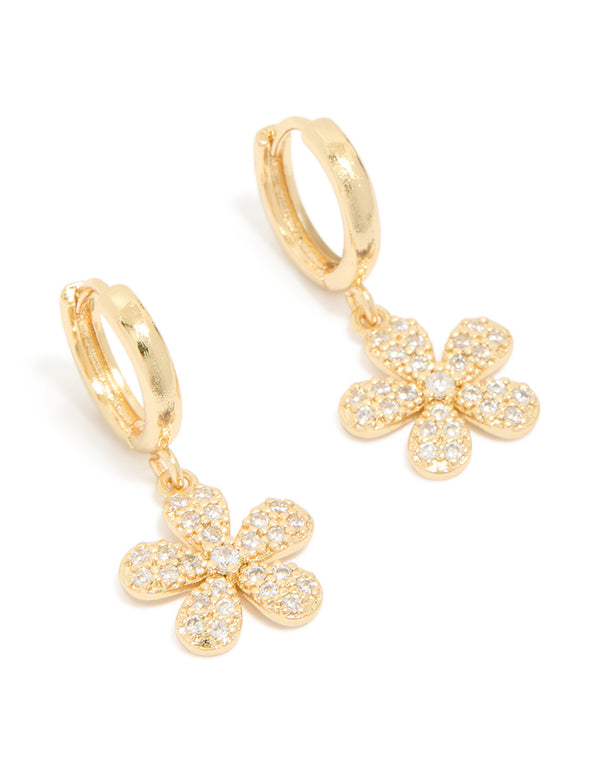 Gold Plated Pave Set Cubic Zirconia Flower Huggie Earrings
