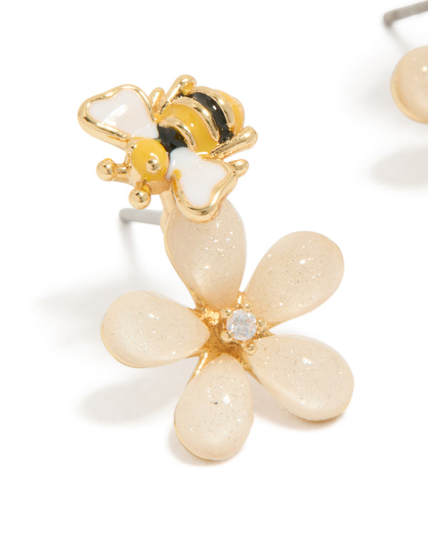 Gold Plated Cutesy Pink Flower & Enamel Bee Stud Earrings