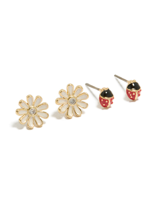 Discover this stud style 2-pack featuring animal ladybug and floral design with enamel, crystal, cubic zirconia materials in gold plated finish front view