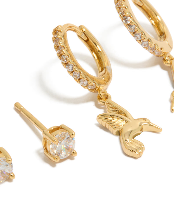 Featuring gold plated cubic zirconia stud and bird huggie earrings 2-pack close up view