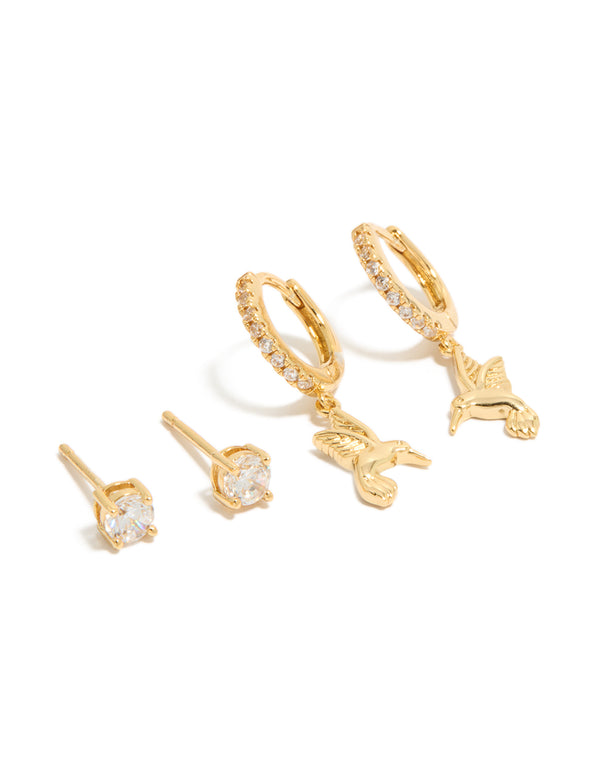 Showcasing gold plated cubic zirconia stud and bird huggie earrings 2-pack front view