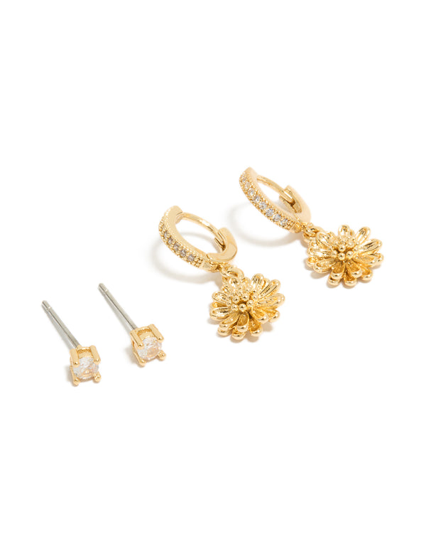 Gold Plated Cubic Zirconia Studs & Sunflower Huggie Earrings 2-Pack