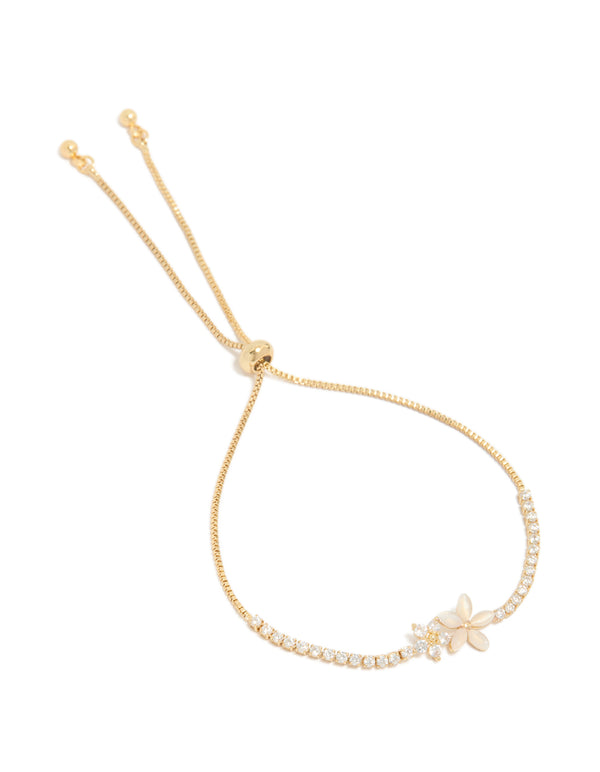Beautifully crafted gold plated cubic zirconia flower toggle bracelet front view
