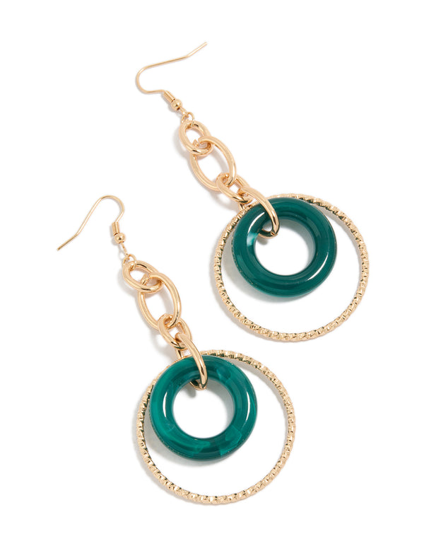 Statement acrylic circle drop earrings in teal and gold front view