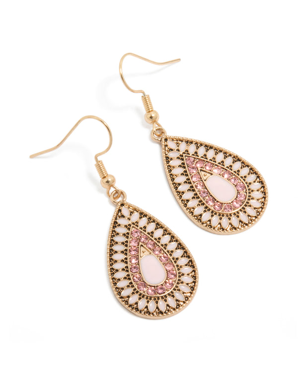 Statement gold teardrop filigree drop earrings featuring pink diamante accents front view