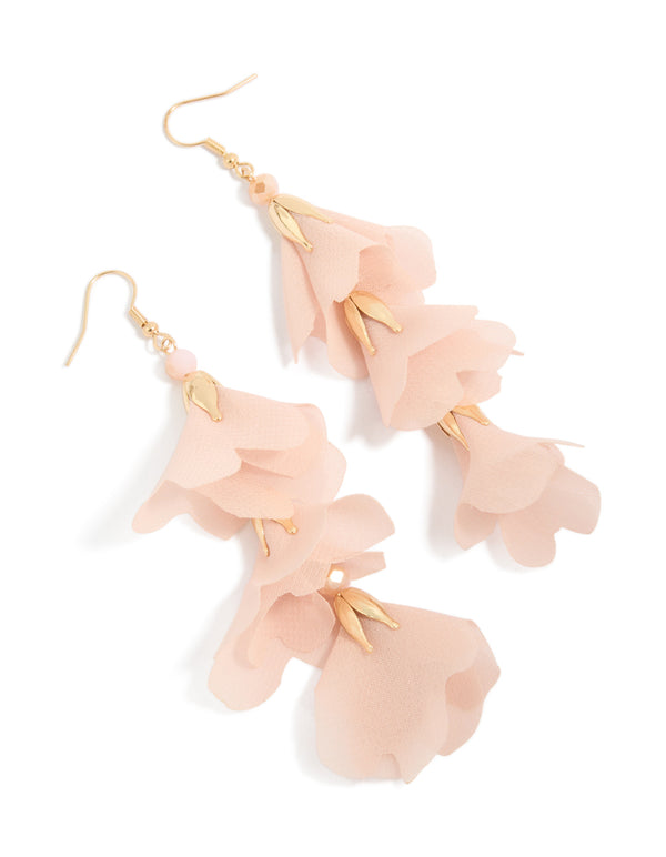 Beautifully crafted gold drop earrings featuring beads, pink floral petal and statement style in light colors front view