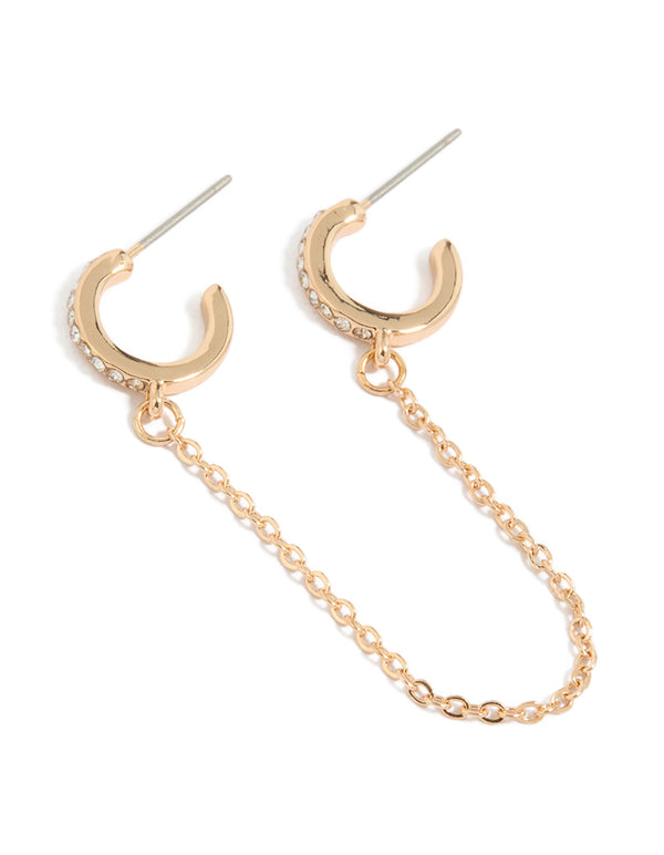 Showcasing gold diamante chain double hoop earrings closure in front view