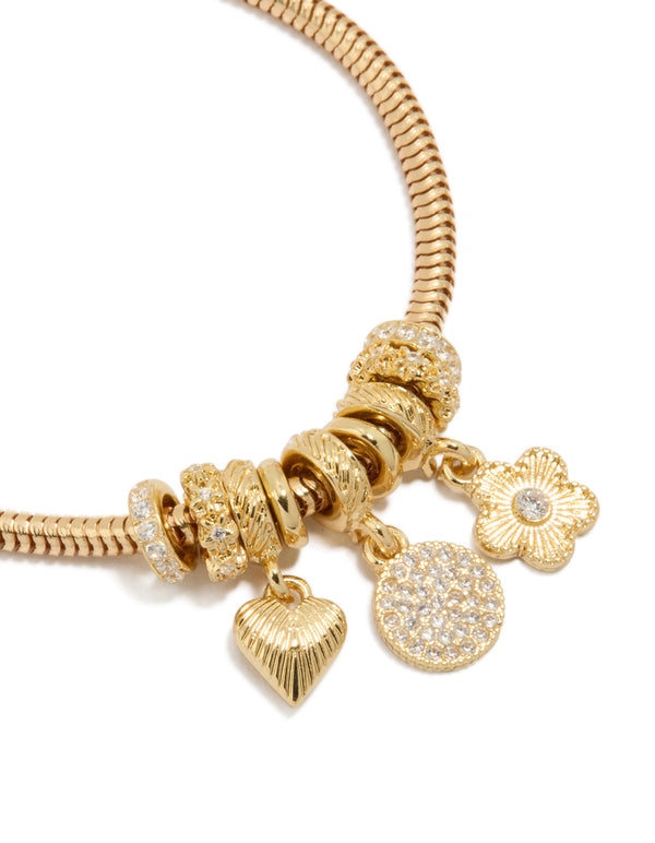 Gold Plated Cubic Zirconia Circle Heart & Flower Charm Bracelet