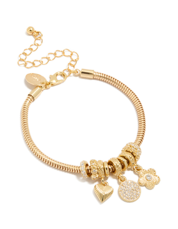 Gold Plated Cubic Zirconia Circle Heart & Flower Charm Bracelet