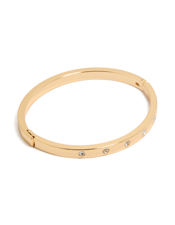 Elegant gold plated diamante circle inlay bangle with stone front view