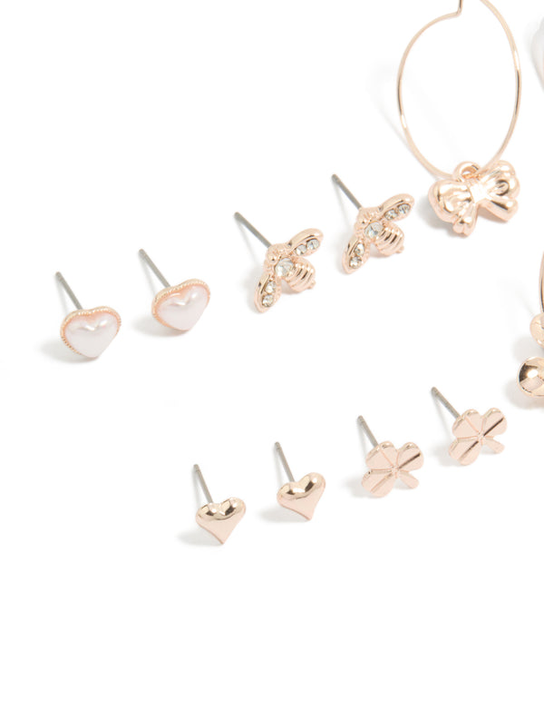 Rose Gold Pearlised Flower & Bee Earrings 8-Pack