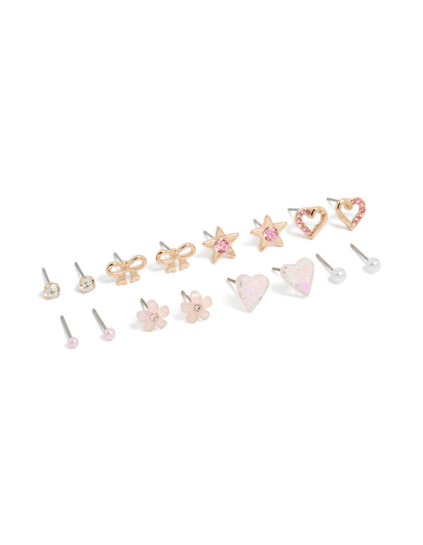 Discover a gold heart and floral stud earrings 8-pack featuring bow, glitter, pearl, star accents in pink, silver, white tones front view
