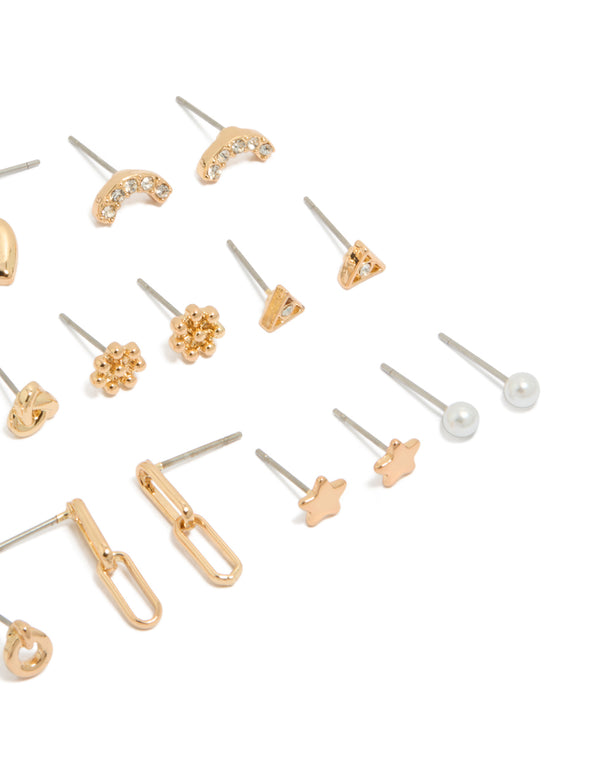 Explore gold mixed diamante stud earrings 12 pack in bar, heart, pearl and star styles with closure post detail view