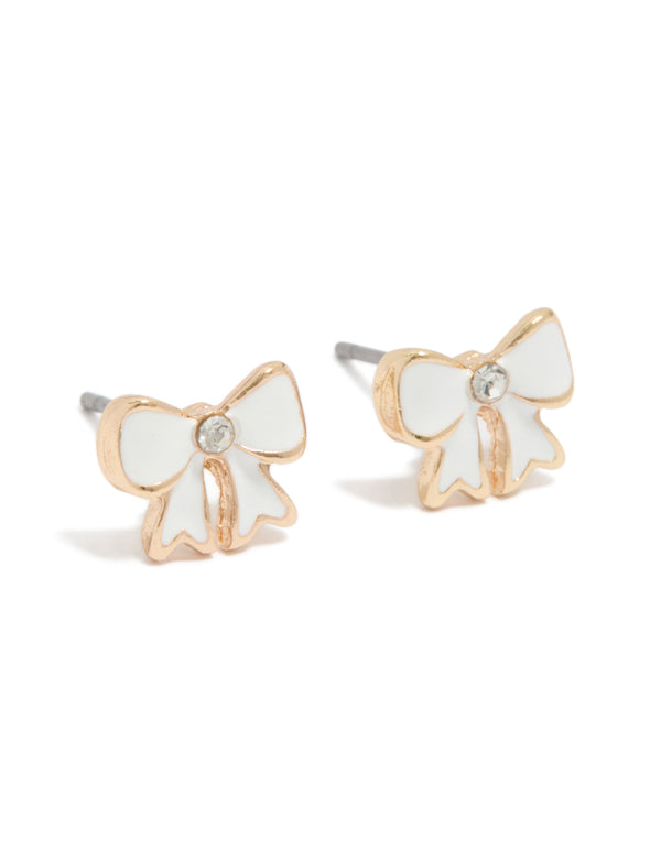 Gold Diamante Centre Cream Enamel Bow Stud Earrings