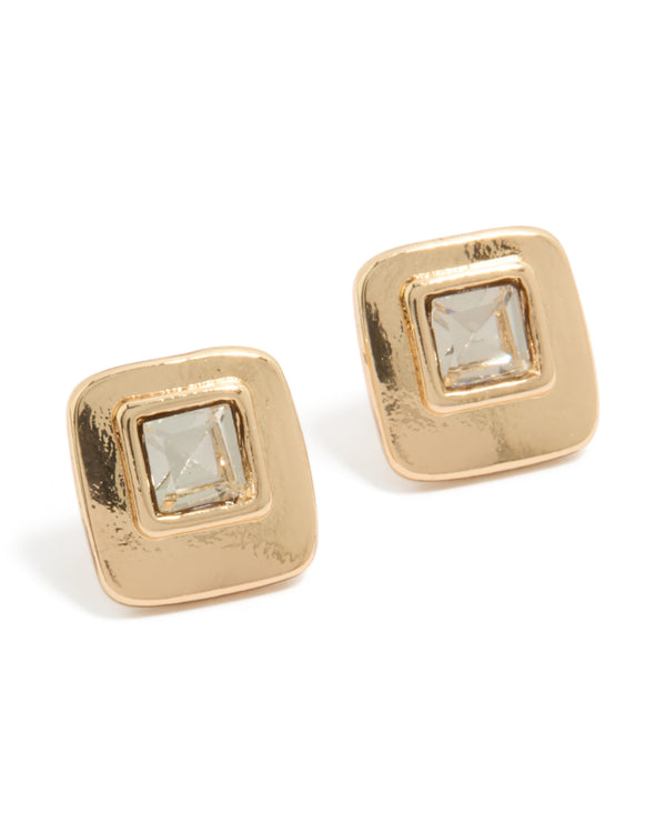 Elegant gold square diamante stud earrings featuring clear stone accents front view