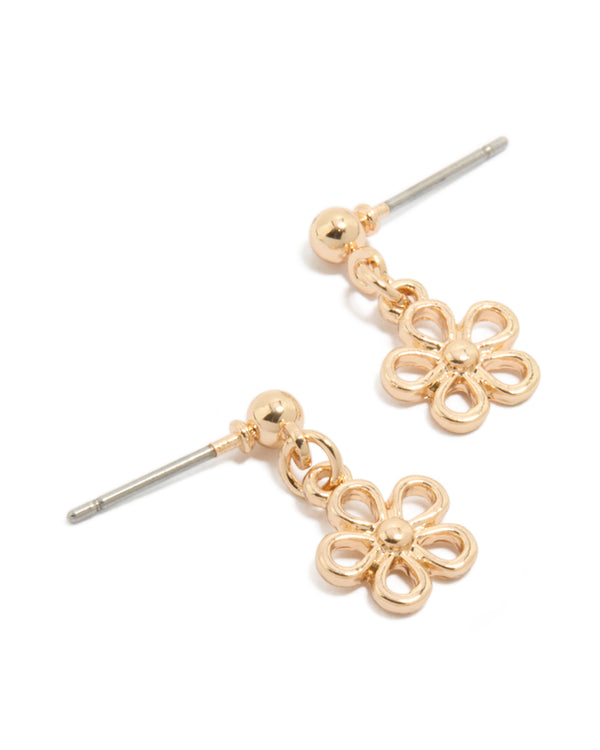 Showcasing gold wire flower drop stud earrings design in statement style front view