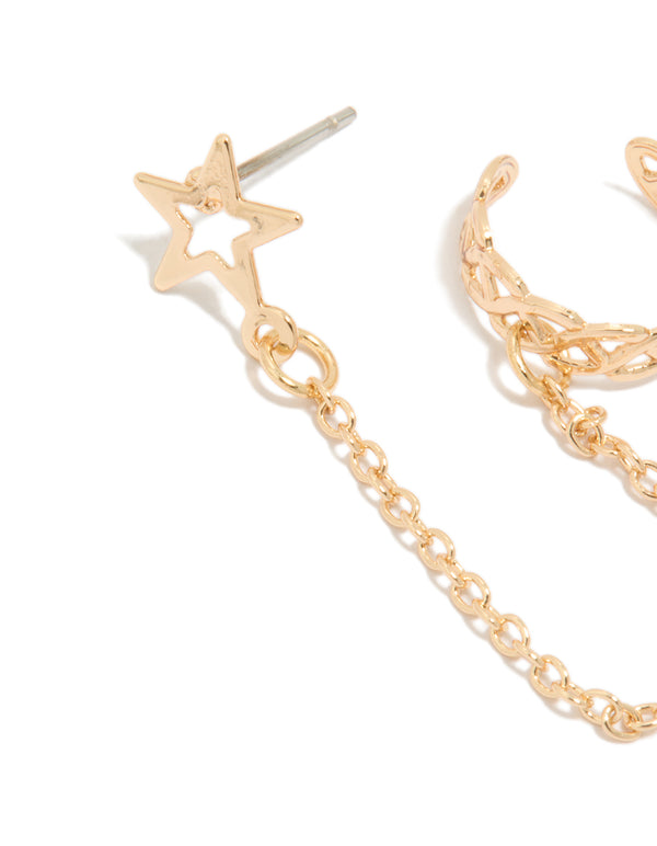 Presenting beautifully crafted Gold Star Link Cuff & Stud Earring with celestial design close up view