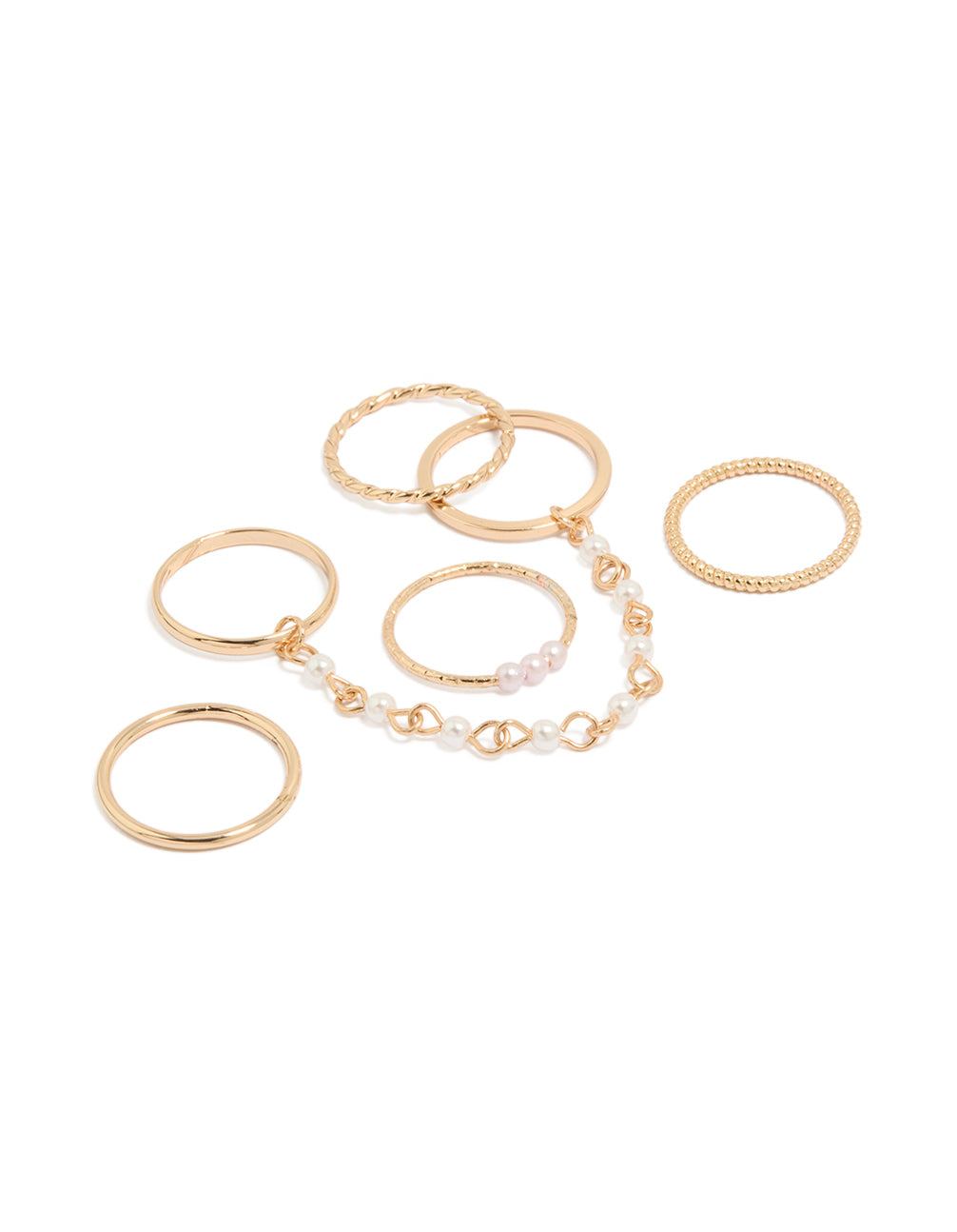 Elegant gold pearl chain and thin rings 6-pack front view