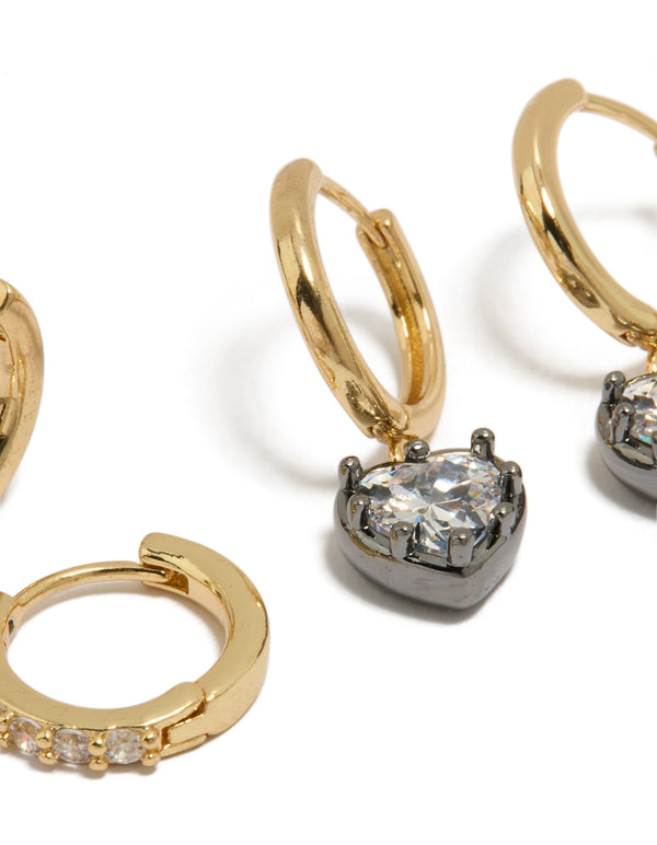 Mixed Metal Plated Heart & Cubic Zirconia Huggie Earrings 2-Pack