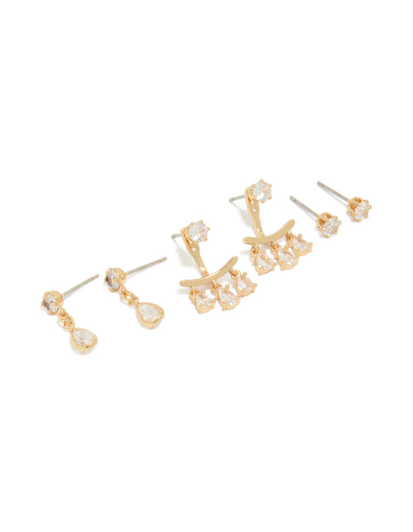 Gold Plated Cubic Zirconia Pear & Ear Jacket Studs 3-Pack