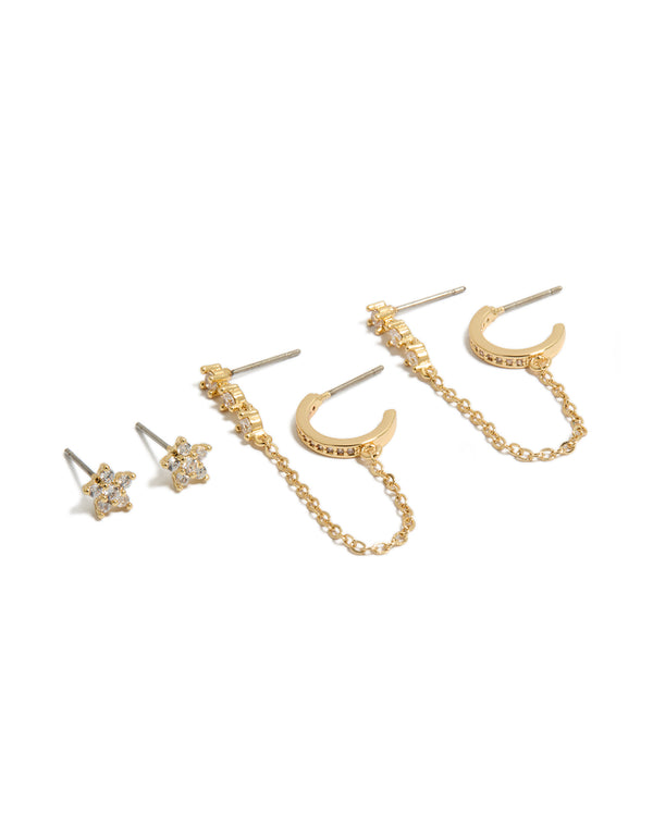 Featuring mini floral design, crafted from gold plated material in a 3-pack set including chain and stud closures front view