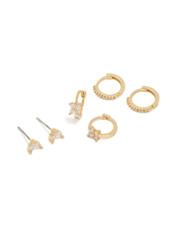 Beautifully crafted mini floral dainty huggie and stud earrings in a 3-pack featuring gold plated cubic zirconia stones front view
