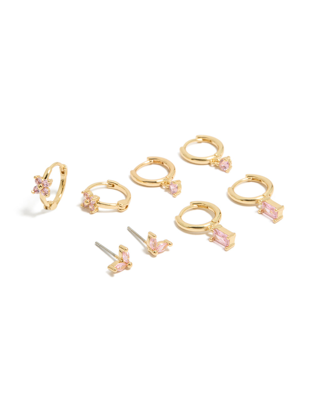 Showcasing gold plated pink cubic zirconia flower huggie and stud earrings 4-pack, baguette stone cut, and light pink accents front view