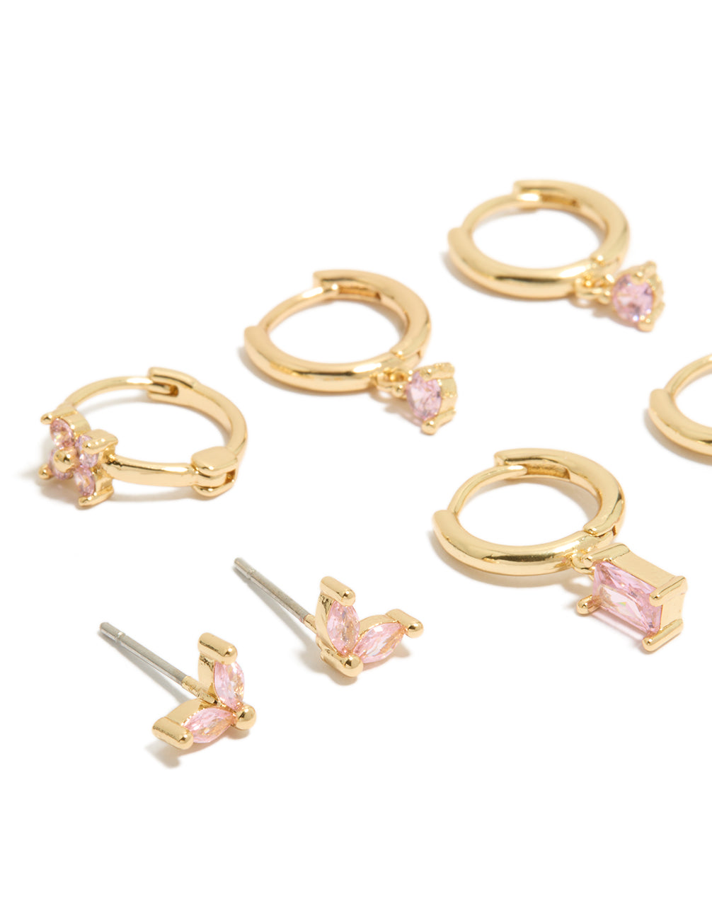 Featuring gold plated pink cubic zirconia flower huggie and stud earrings 4-pack, baguette stone cut, and light pink accents close up view