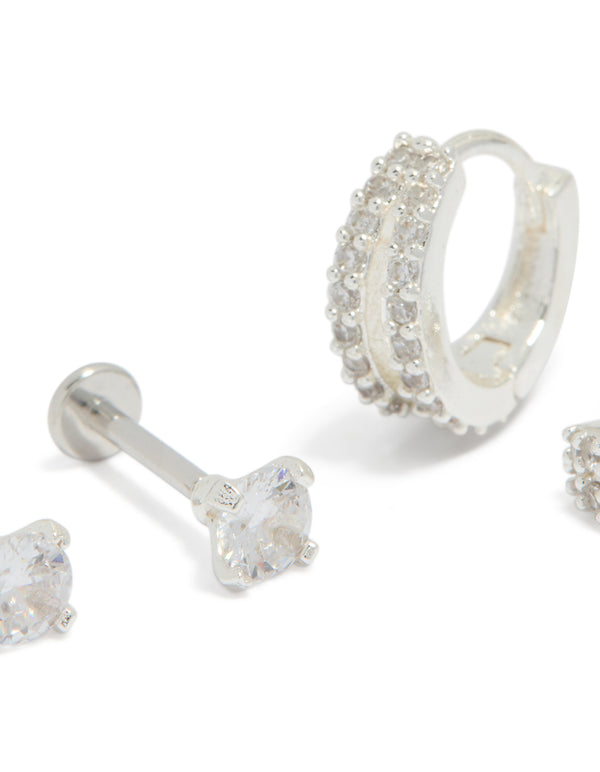 Silver Plated Brass Flat Back Studs & Huggie Earrings Pack