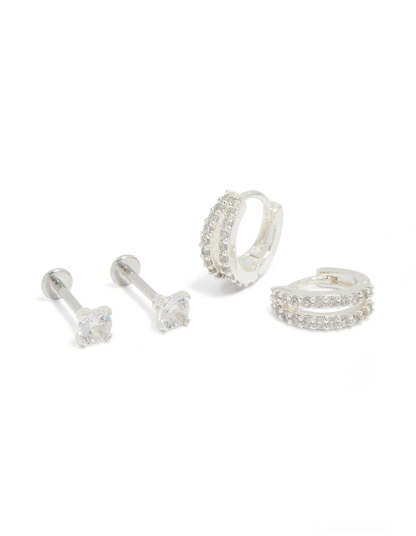 Showcasing silver plated brass flat back studs and huggie earrings pack front view