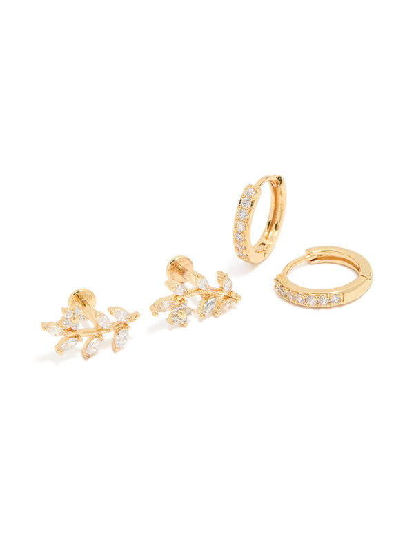 Showcasing gold plated brass vine flat back studs and huggie earrings pack with leaf design featuring cubic zirconia in a front view