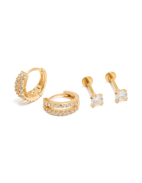 Discover this gold plated double hoop and flat back studs pack featuring cubic zirconia, crafted from titanium front view